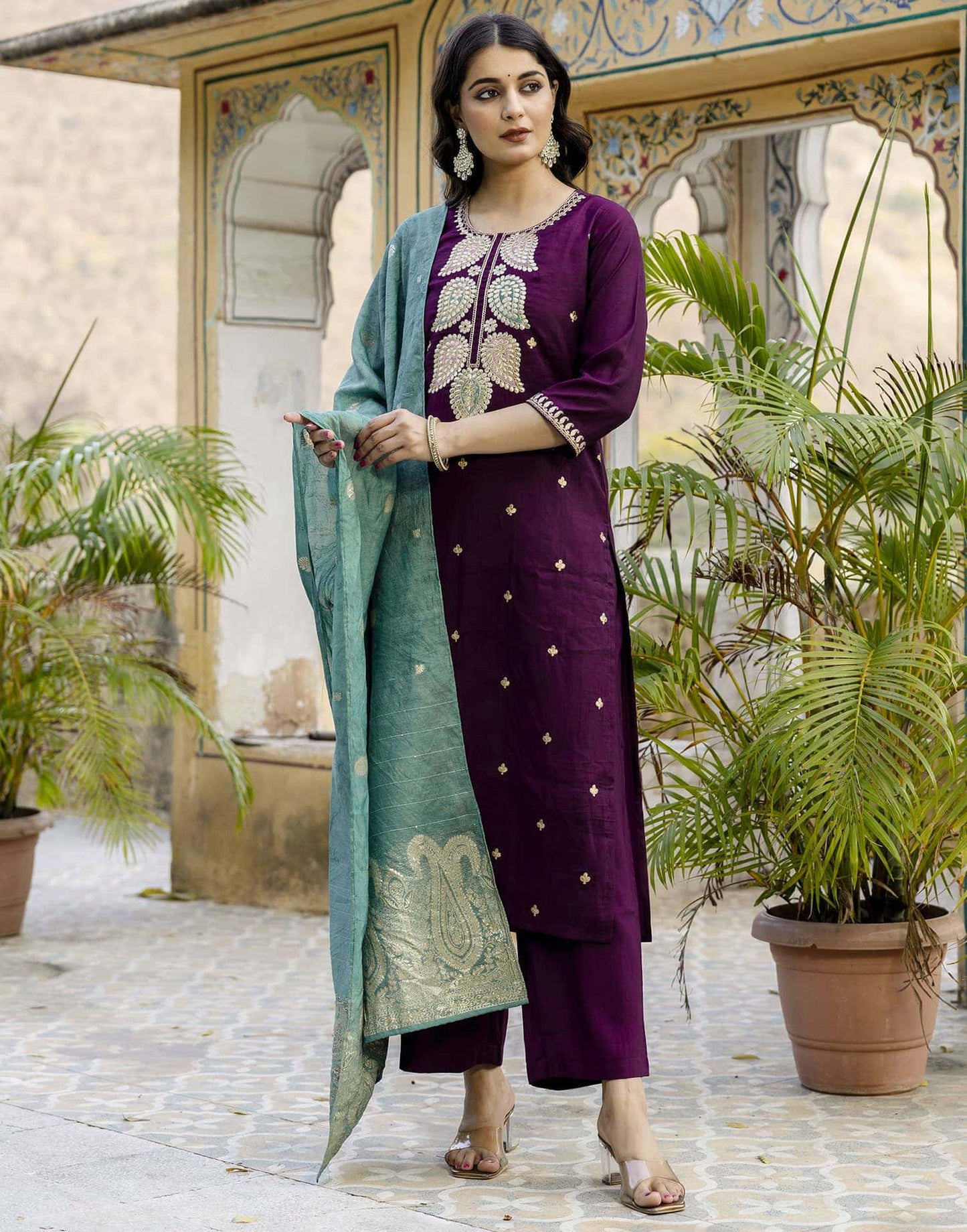 Silk Embroidery, Embroidery Lace Straight Kurta with Pant & Dupatta