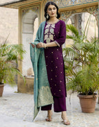 Silk Blend Embroidered Straight 3 Piece Kurta Set