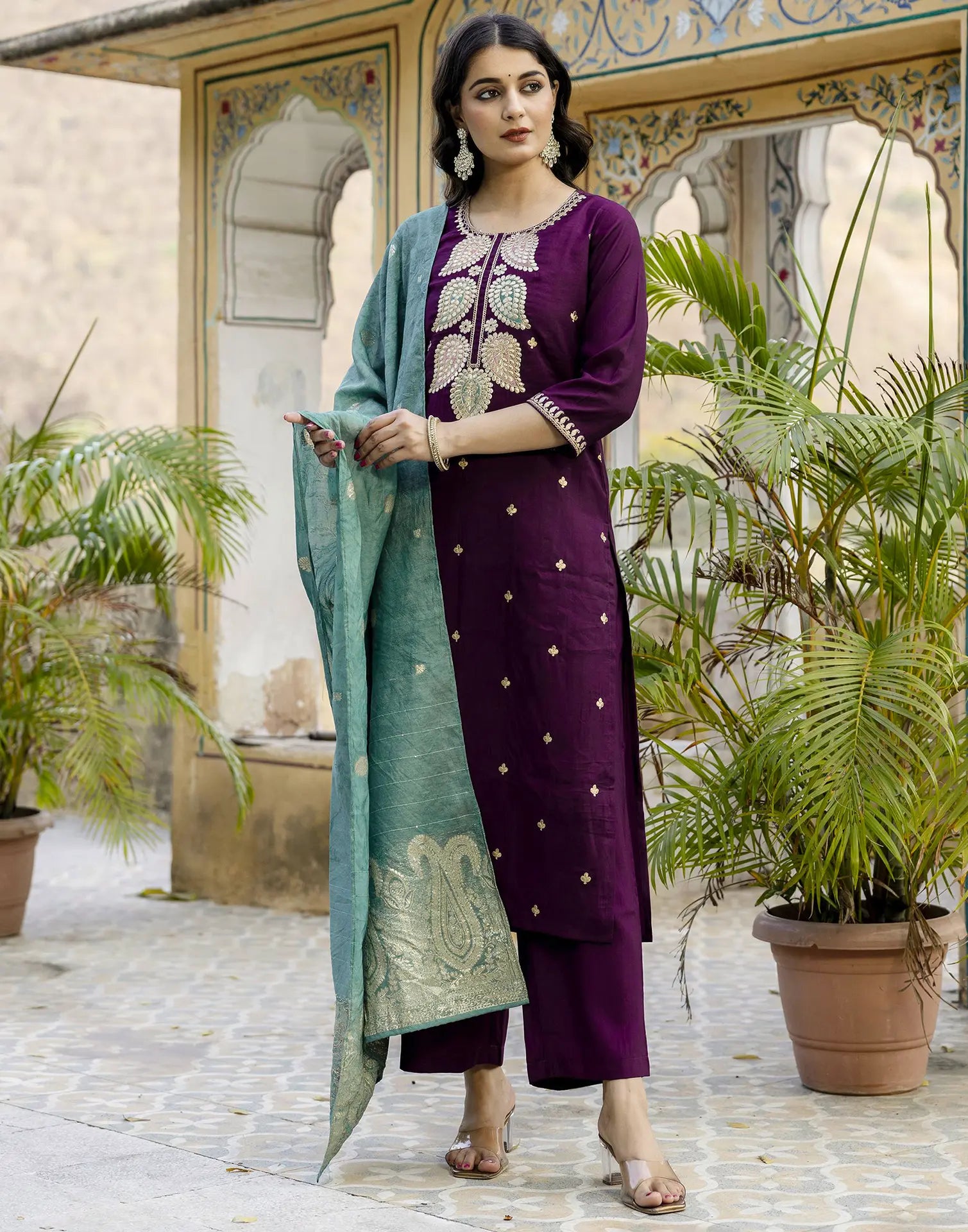 Silk Blend Embroidered Straight 3 Piece Kurta Set