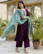 Silk Blend Embroidered Straight 3 Piece Kurta Set