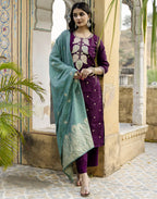 Silk Blend Embroidered Straight 3 Piece Kurta Set
