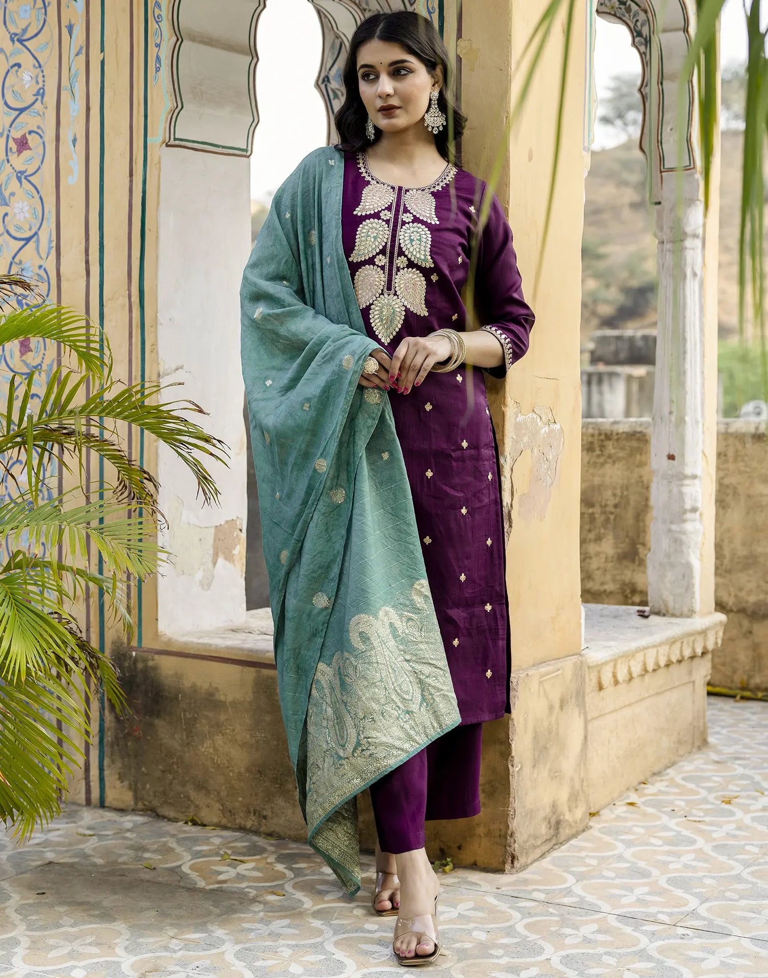 Silk Blend Embroidered Straight 3 Piece Kurta Set