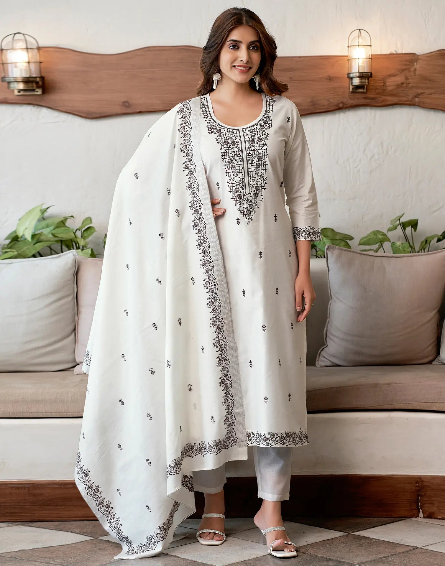 Pure Cotton Woven Embroidered Straight 3 Piece Kurta Set