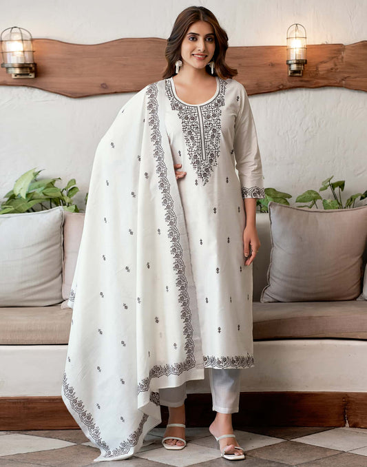 Cotton Solid and Jacquard A-Line Kurta with Pant & Dupatta