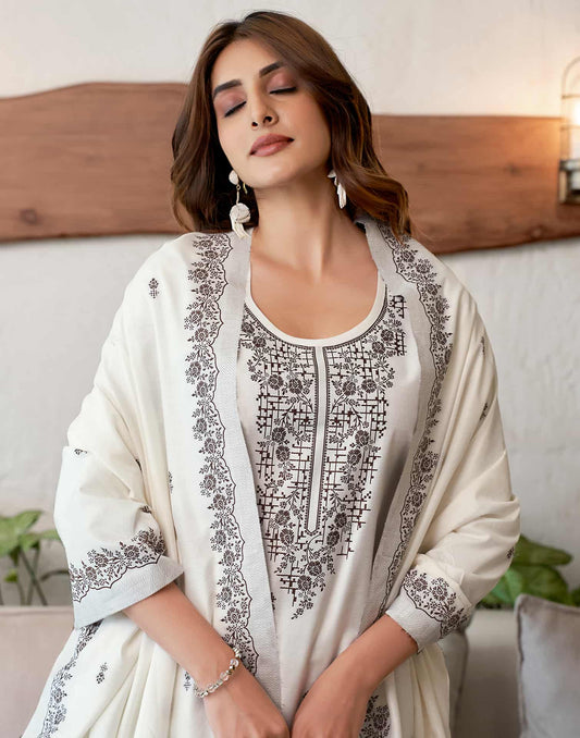 Cotton Solid and Jacquard A-Line Kurta with Pant & Dupatta