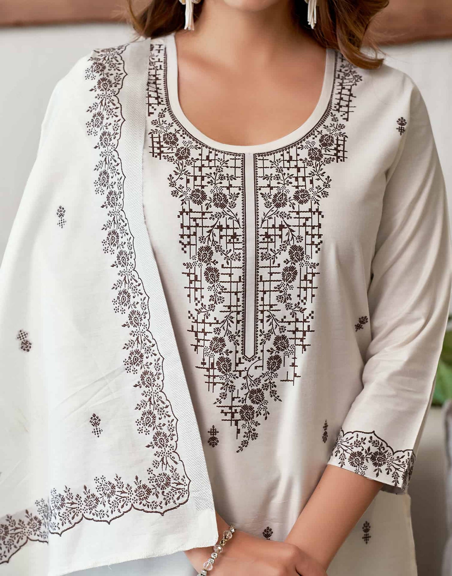 Cotton Solid and Jacquard A-Line Kurta with Pant & Dupatta