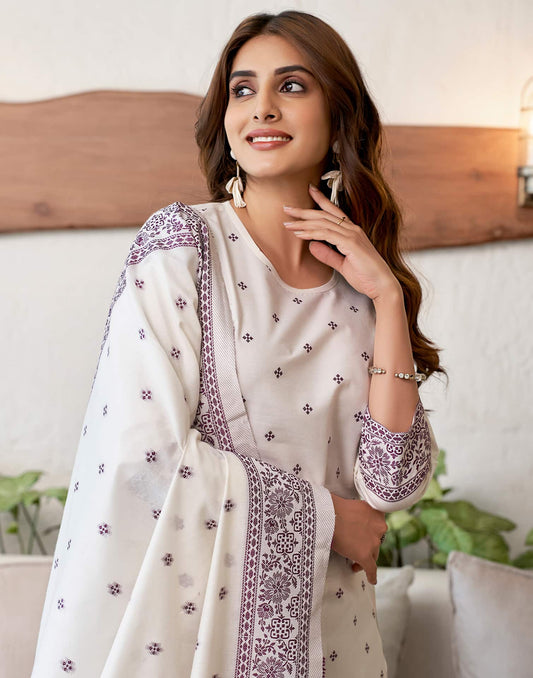 Cotton Solid and Jacquard A-Line Kurta with Pant & Dupatta