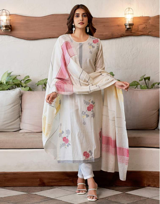 Off White Silk Plain Round Neck 3/4 Sleeve Straight Kurta Set With Pant & Dupatta