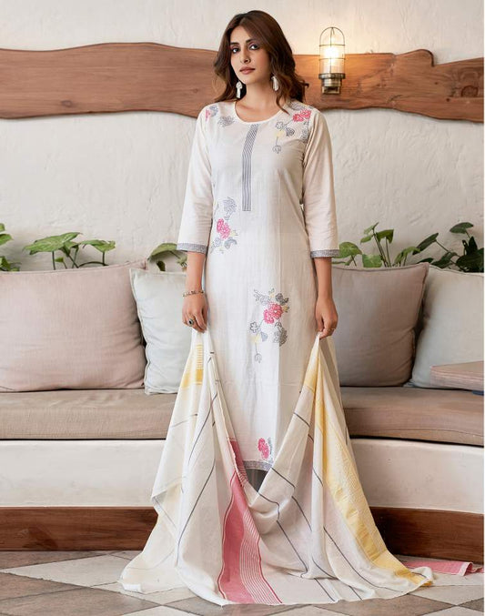 Off White Silk Plain Round Neck 3/4 Sleeve Straight Kurta Set With Pant & Dupatta