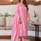 Pink Silk Plain Round Neck 3/4 Sleeve Straight Kurta Set With Pant & Dupatta