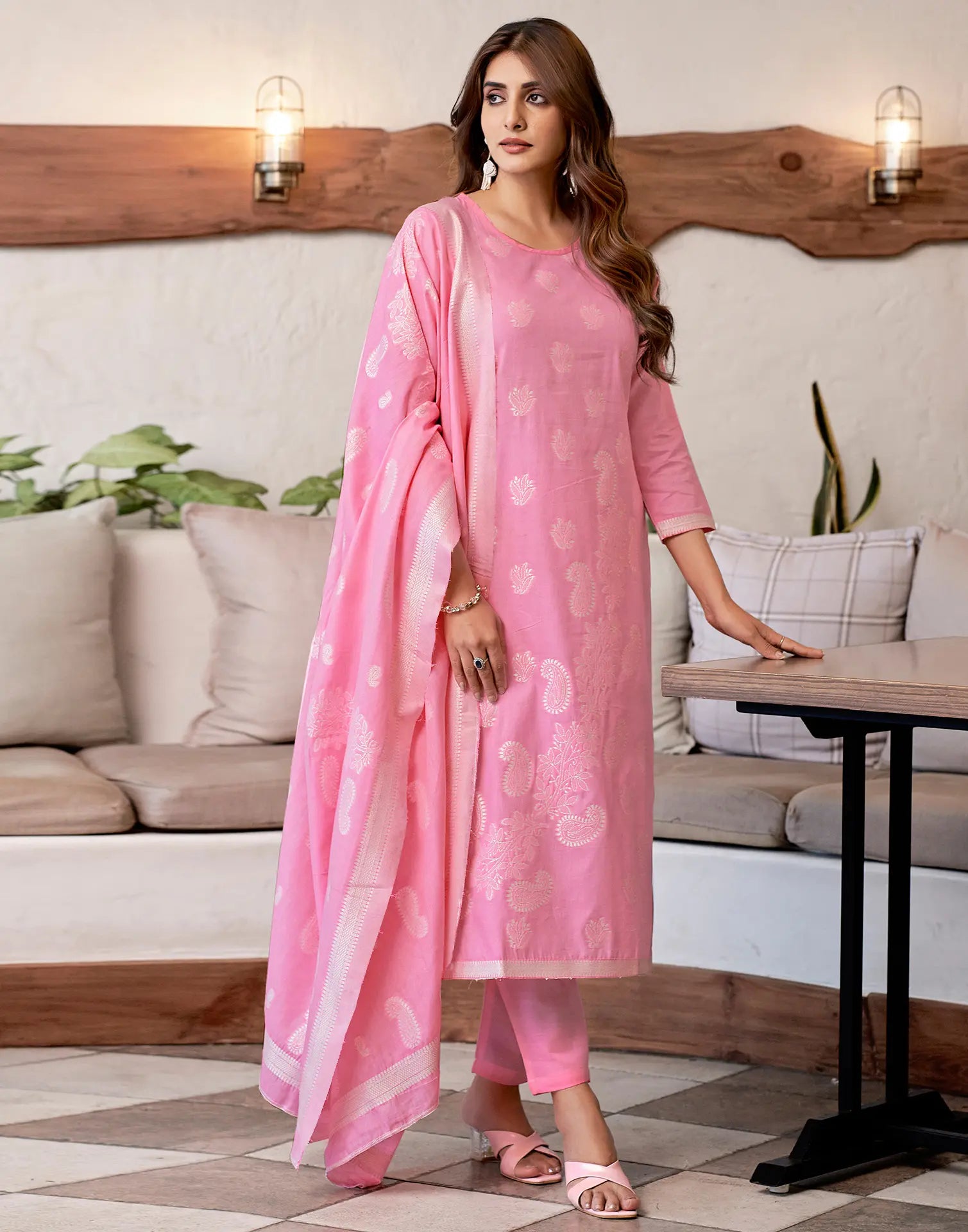Pure Cotton Woven Plain Straight 3 Piece Kurta Set