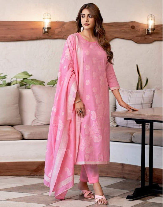Pink Silk Plain Round Neck 3/4 Sleeve Straight Kurta Set With Pant & Dupatta