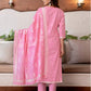Pink Silk Plain Round Neck 3/4 Sleeve Straight Kurta Set With Pant & Dupatta