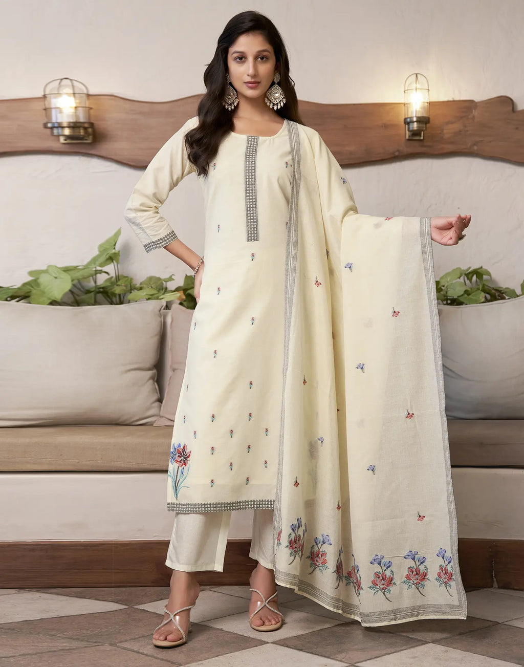 Pure Cotton Woven Embroidered Straight 3 Piece Kurta Set