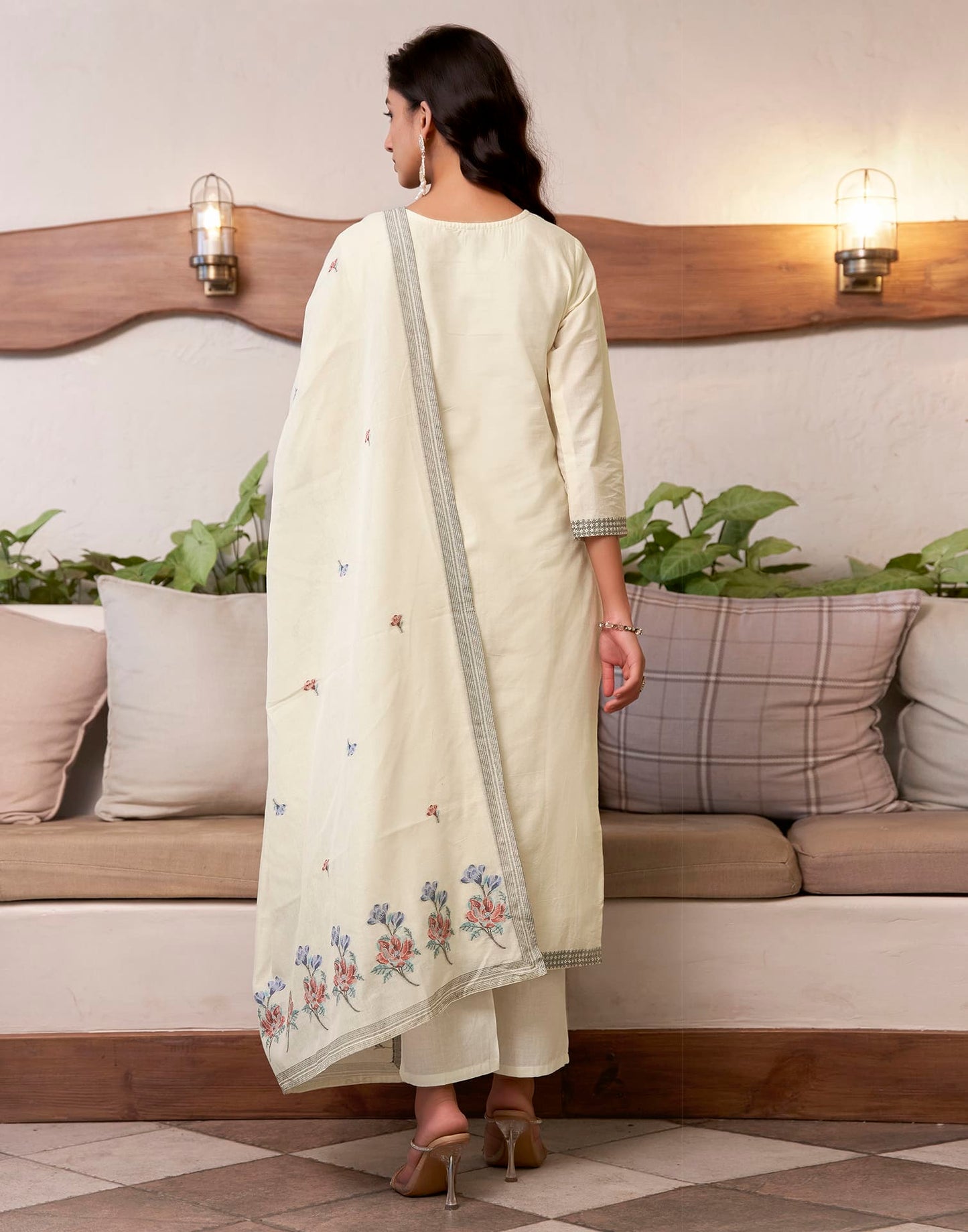 Cotton Solid and Jacquard A-Line Kurta with Pant & Dupatta