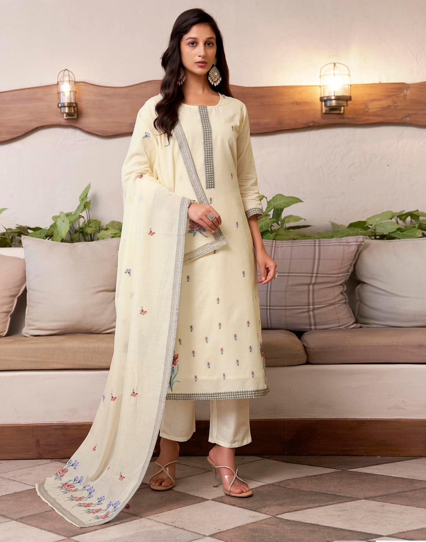 Cotton Solid and Jacquard A-Line Kurta with Pant & Dupatta