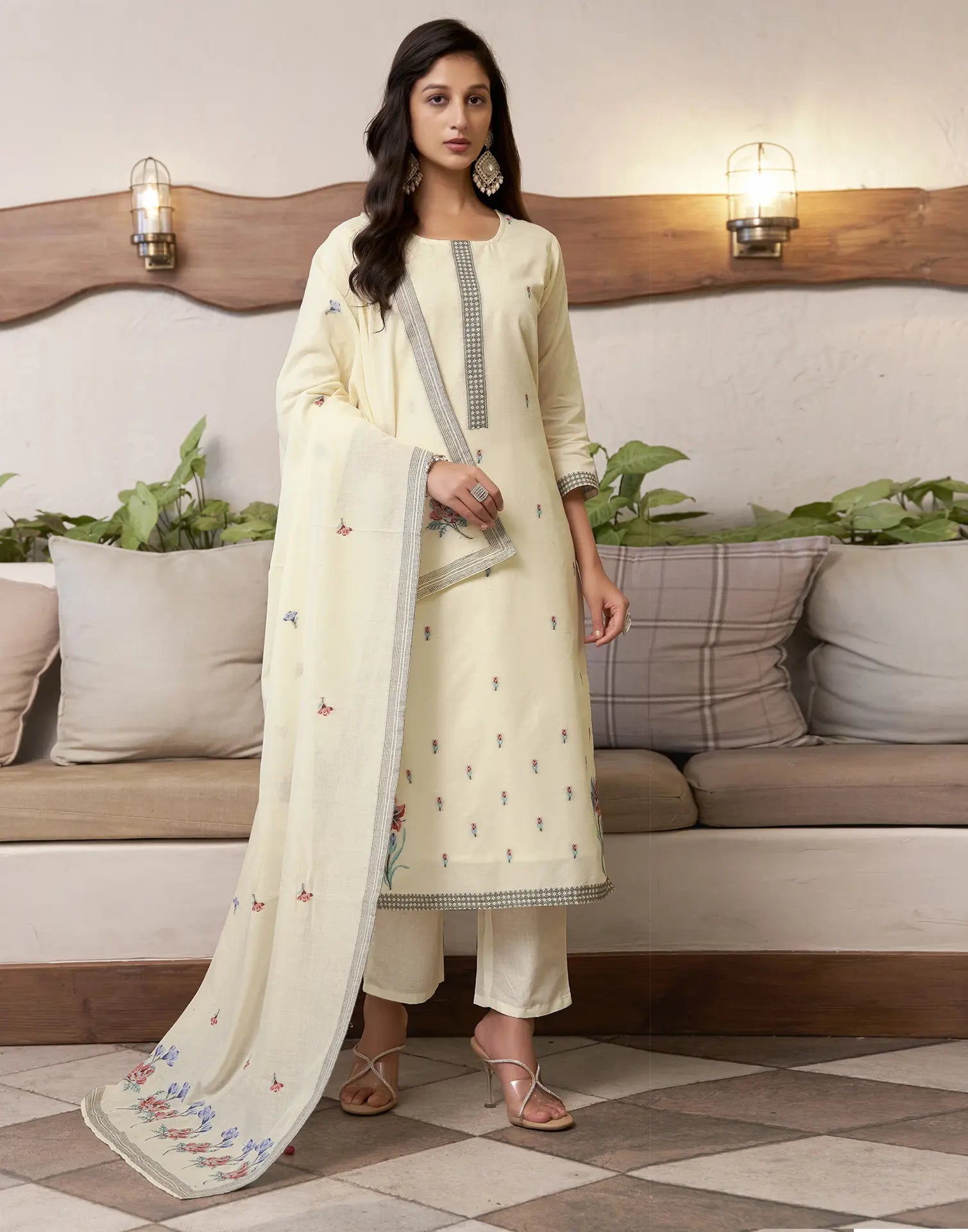 Pure Cotton Woven Embroidered Straight 3 Piece Kurta Set