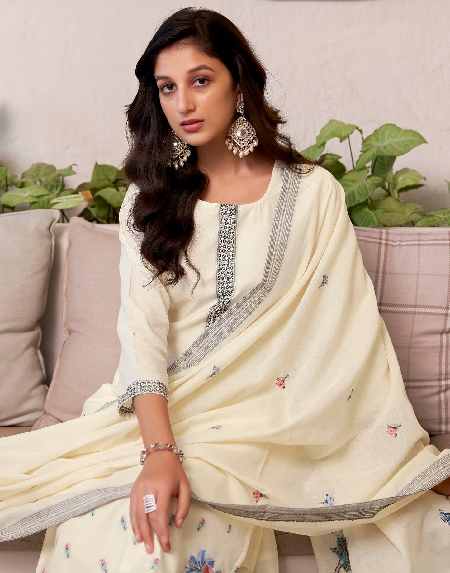 Cotton Solid and Jacquard A-Line Kurta with Pant & Dupatta