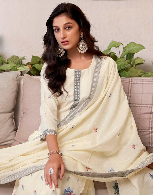 Cotton Solid and Jacquard A-Line Kurta with Pant & Dupatta