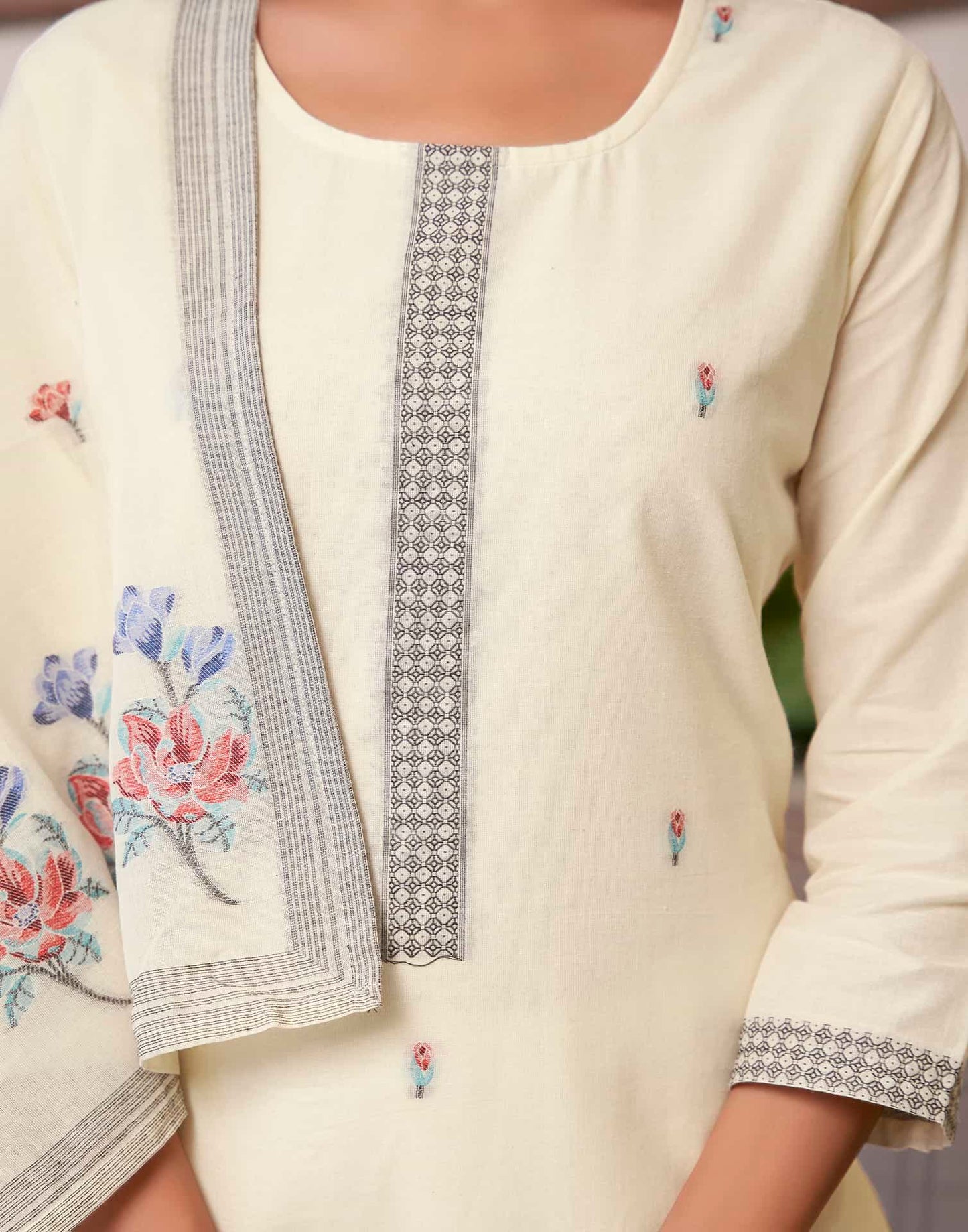 Cotton Solid and Jacquard A-Line Kurta with Pant & Dupatta