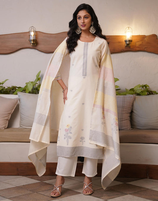 Cotton Solid and Jacquard A-Line Kurta with Pant & Dupatta