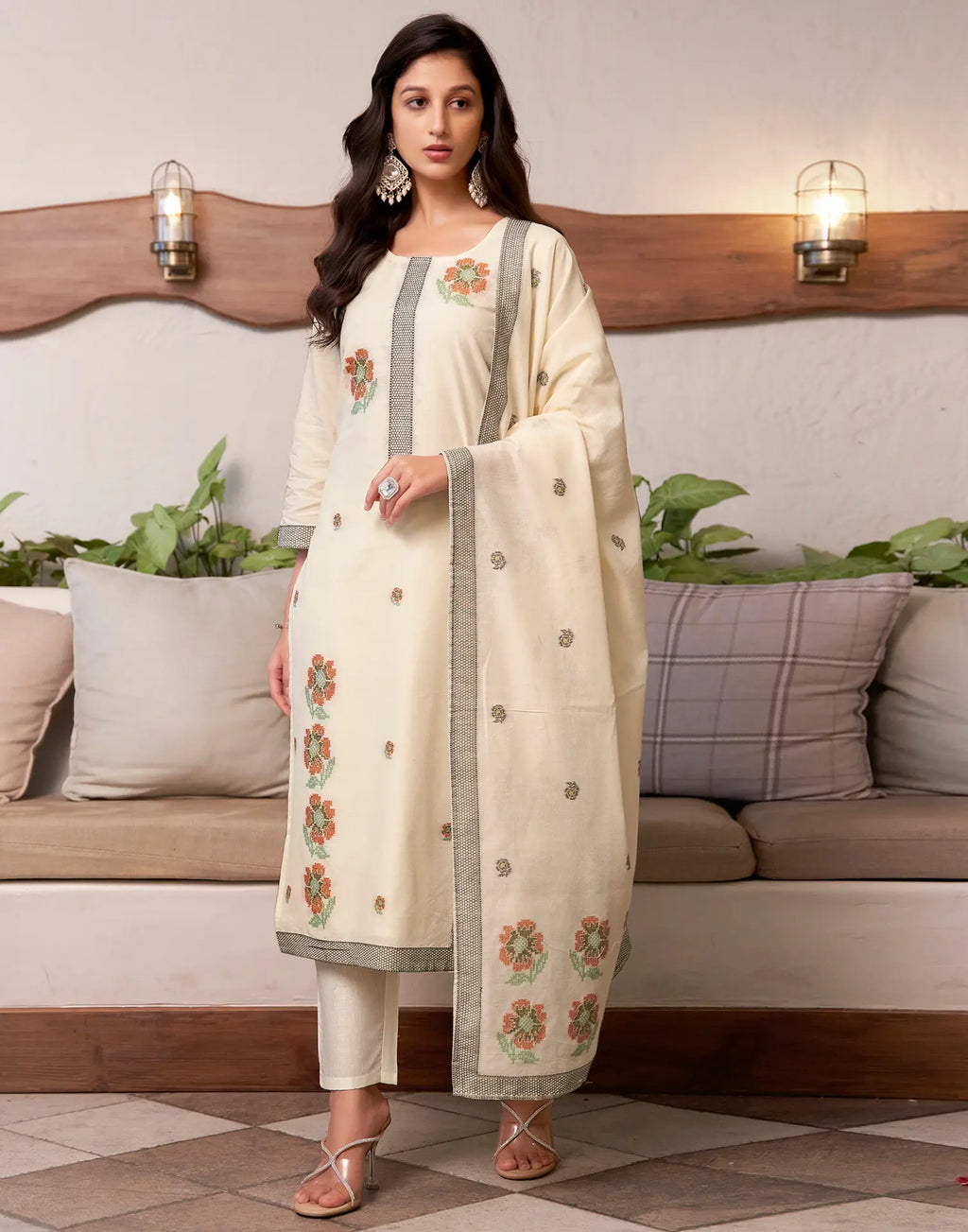 Pure Cotton Woven Embroidered Straight 3 Piece Kurta Set