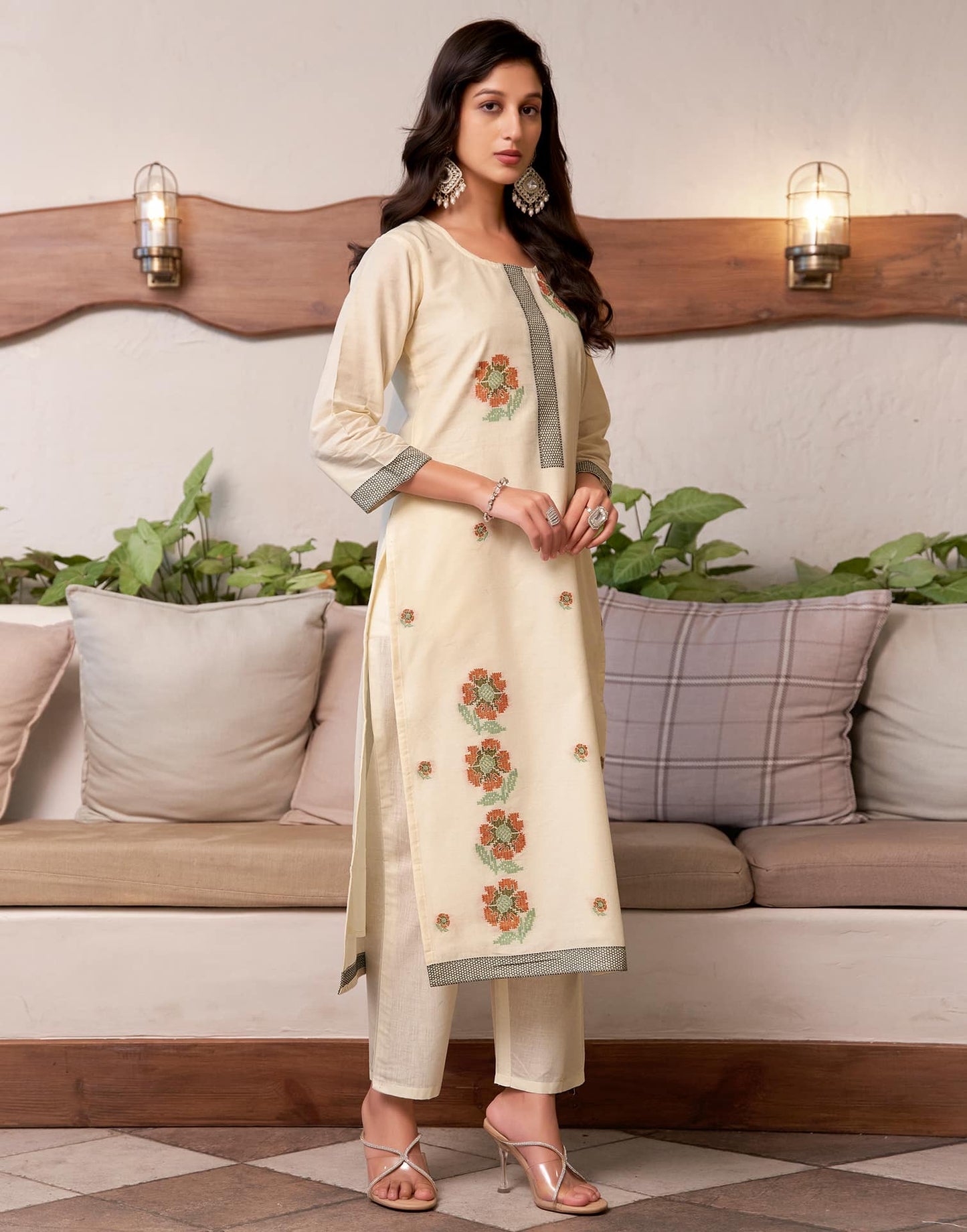 Cotton Solid and Jacquard A-Line Kurta with Pant & Dupatta