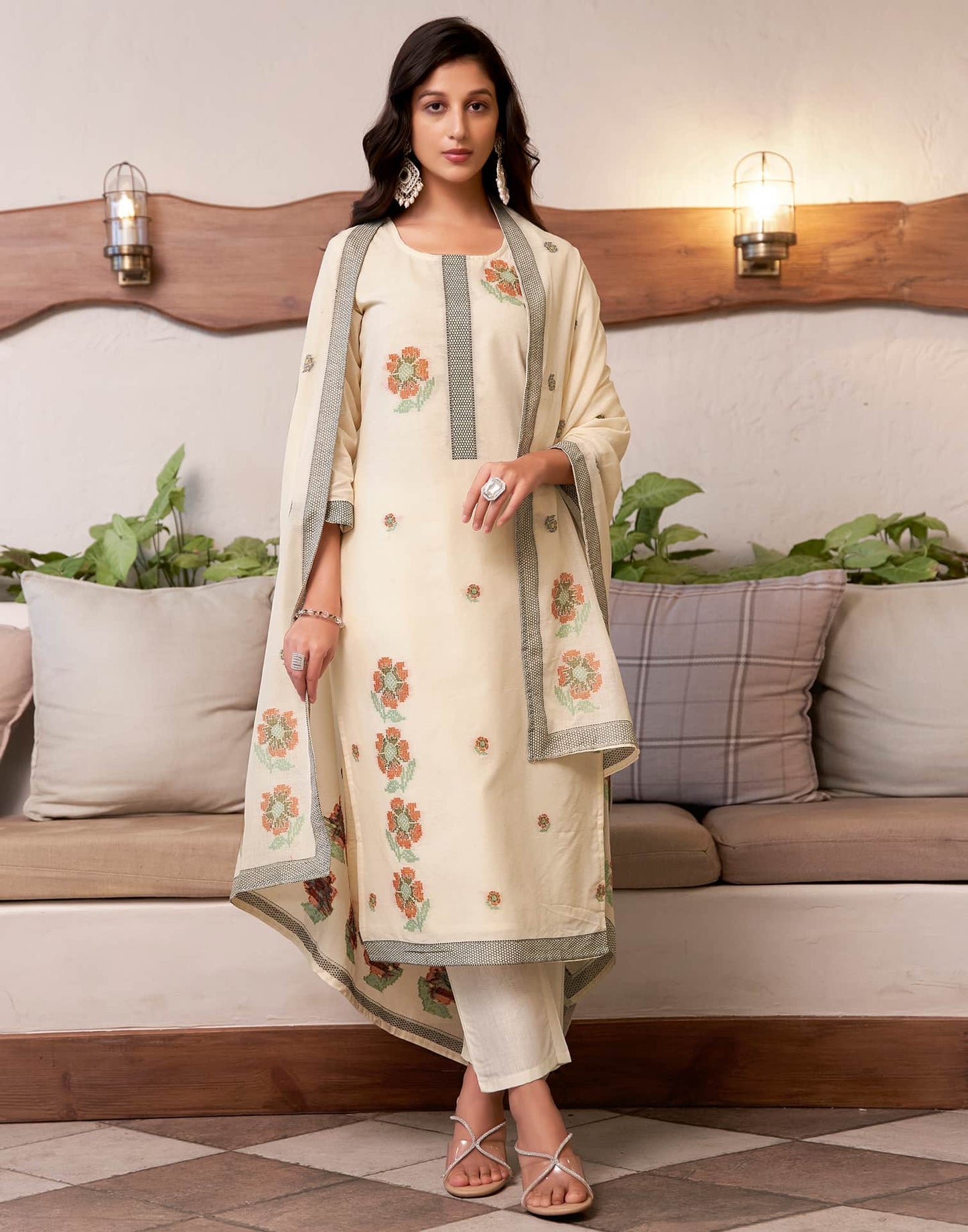 Cotton Solid and Jacquard A-Line Kurta with Pant & Dupatta
