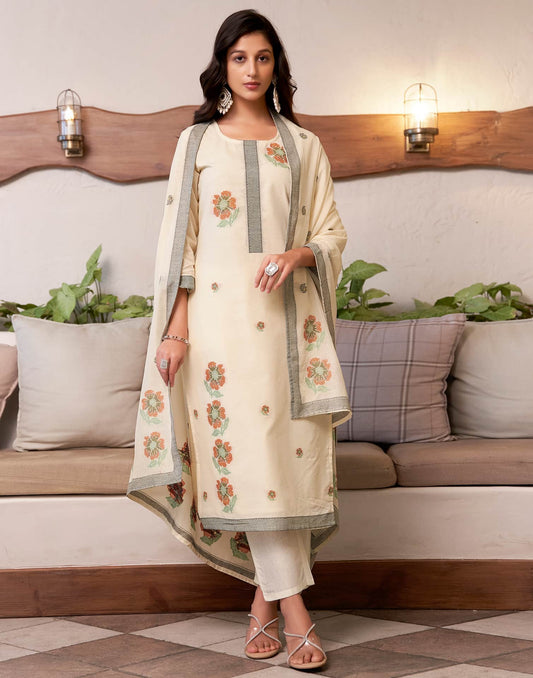 Cotton Solid and Jacquard A-Line Kurta with Pant & Dupatta