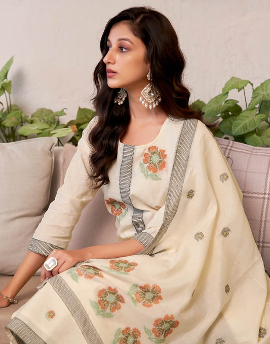 Cotton Solid and Jacquard A-Line Kurta with Pant & Dupatta