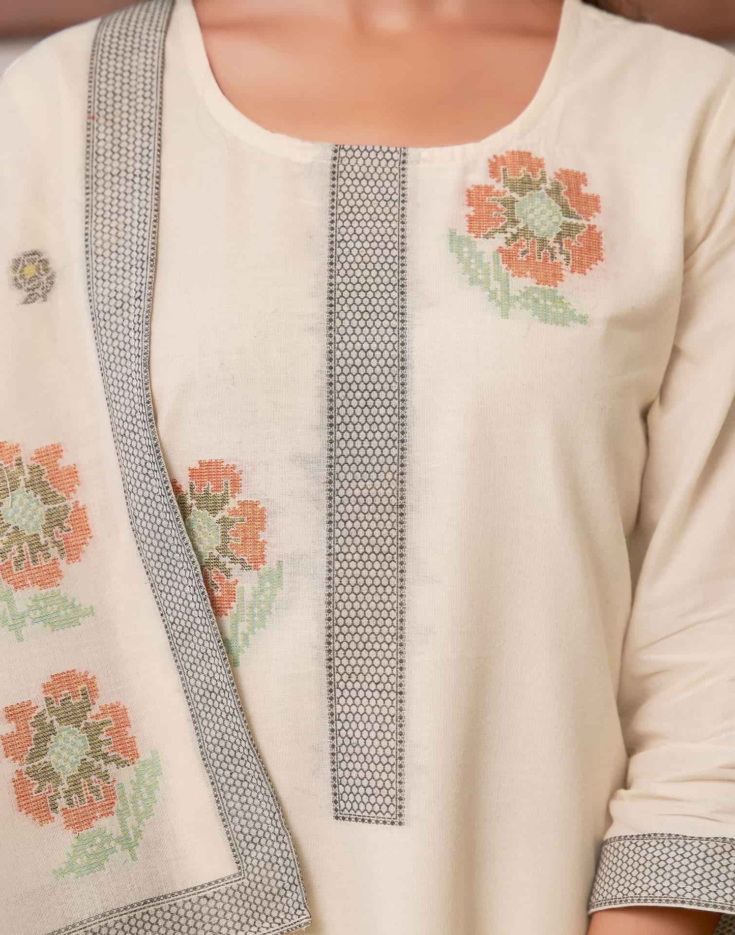 Cotton Solid and Jacquard A-Line Kurta with Pant & Dupatta