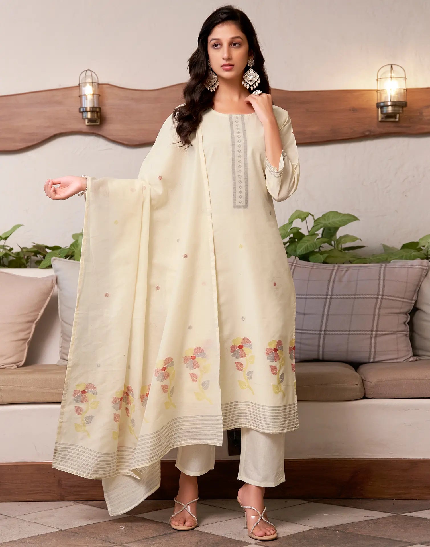 Pure Cotton Woven Embroidered Straight 3 Piece Kurta Set