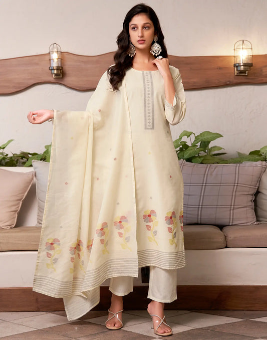 Pure Cotton Woven Embroidered Straight 3 Piece Kurta Set