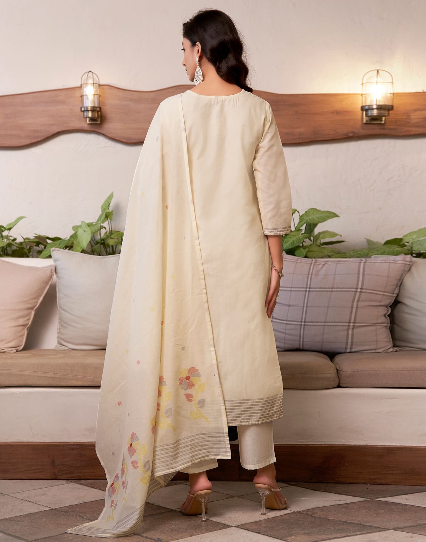 Cotton Solid and Jacquard A-Line Kurta with Pant & Dupatta