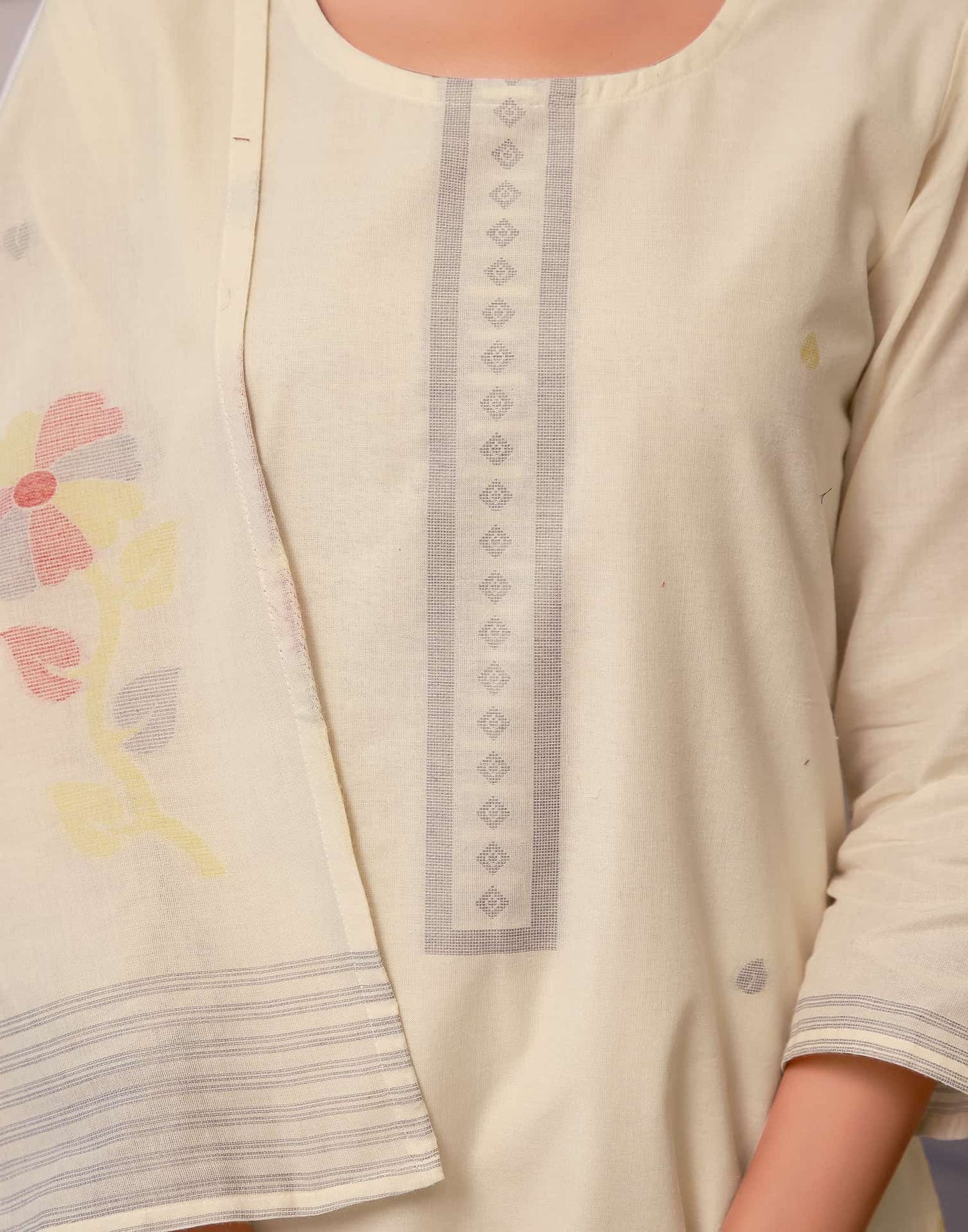 Cotton Solid and Jacquard A-Line Kurta with Pant & Dupatta