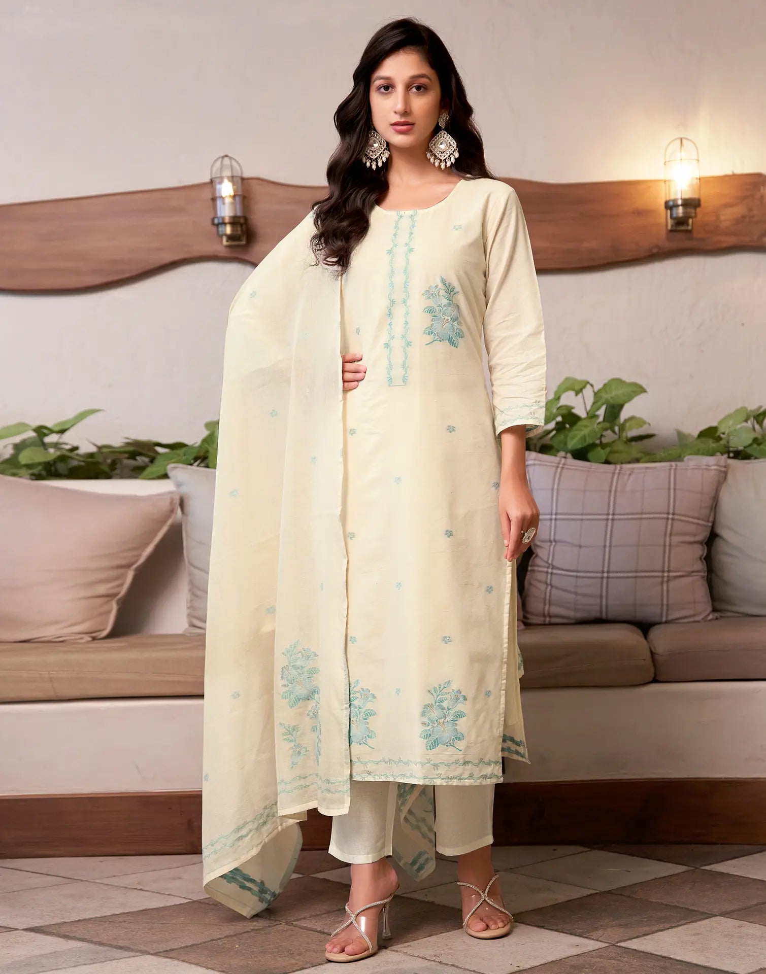 Pure Cotton Woven Embroidered Straight 3 Piece Kurta Set