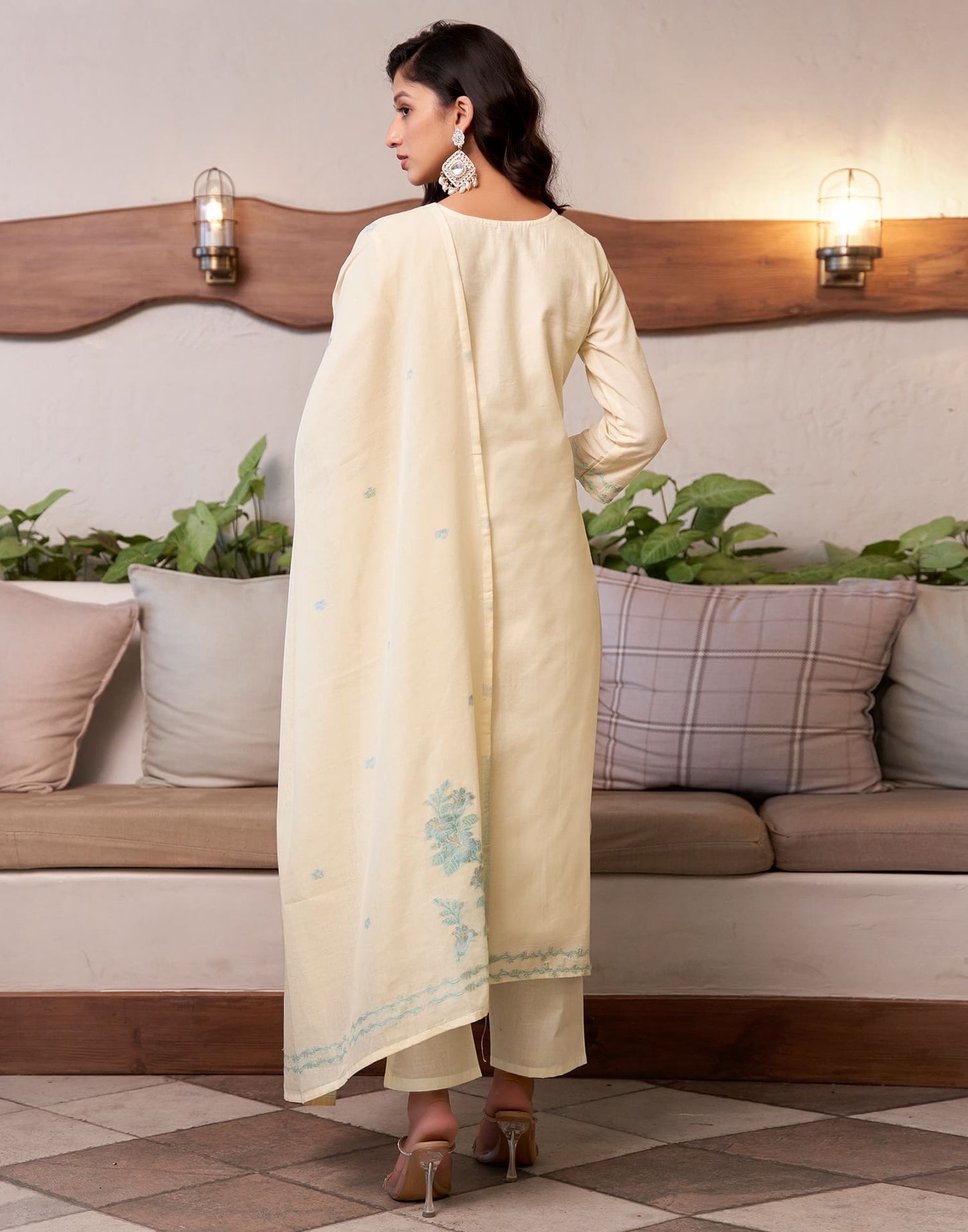 Cotton Solid and Jacquard A-Line Kurta with Pant & Dupatta