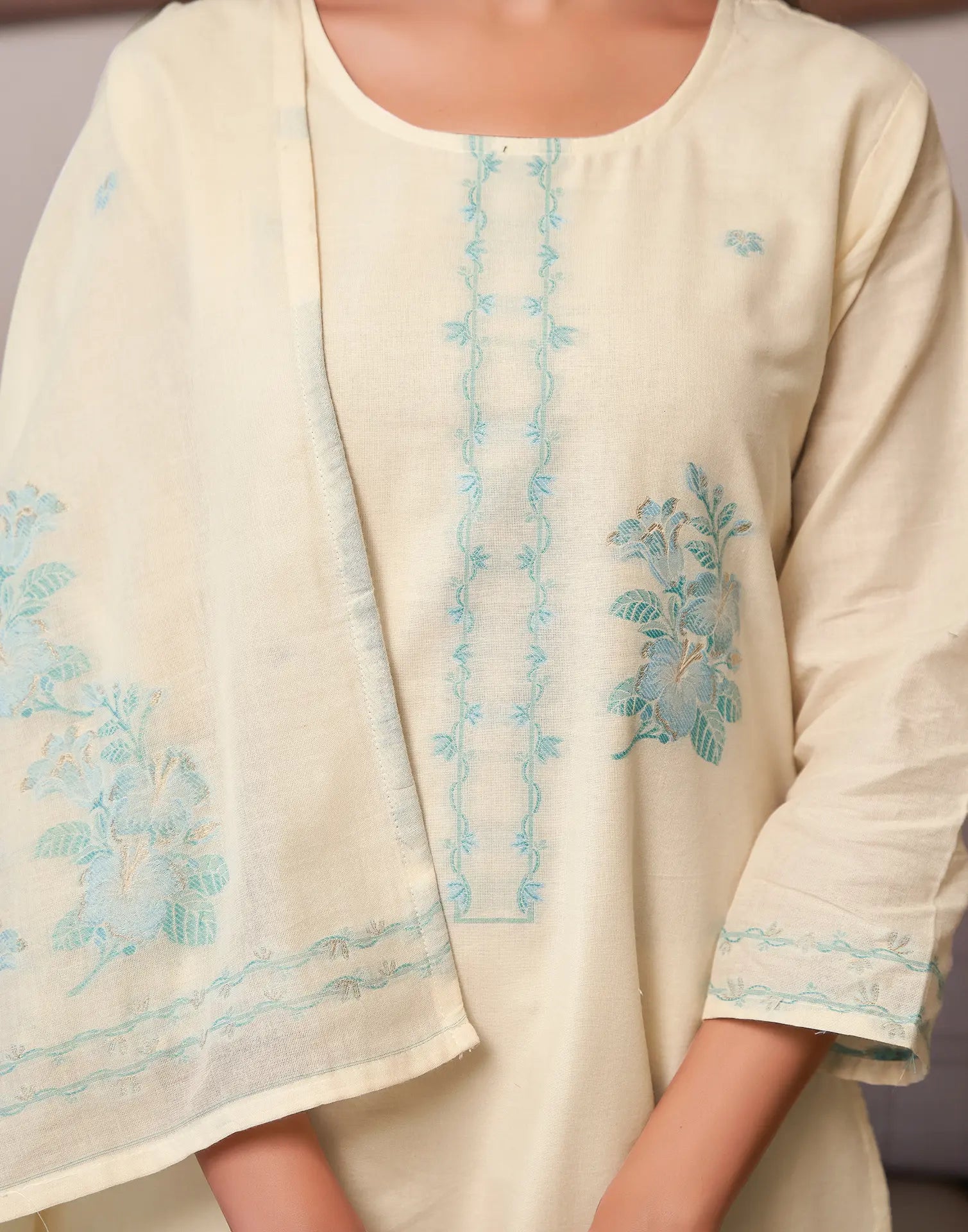 Pure Cotton Woven Embroidered Straight 3 Piece Kurta Set