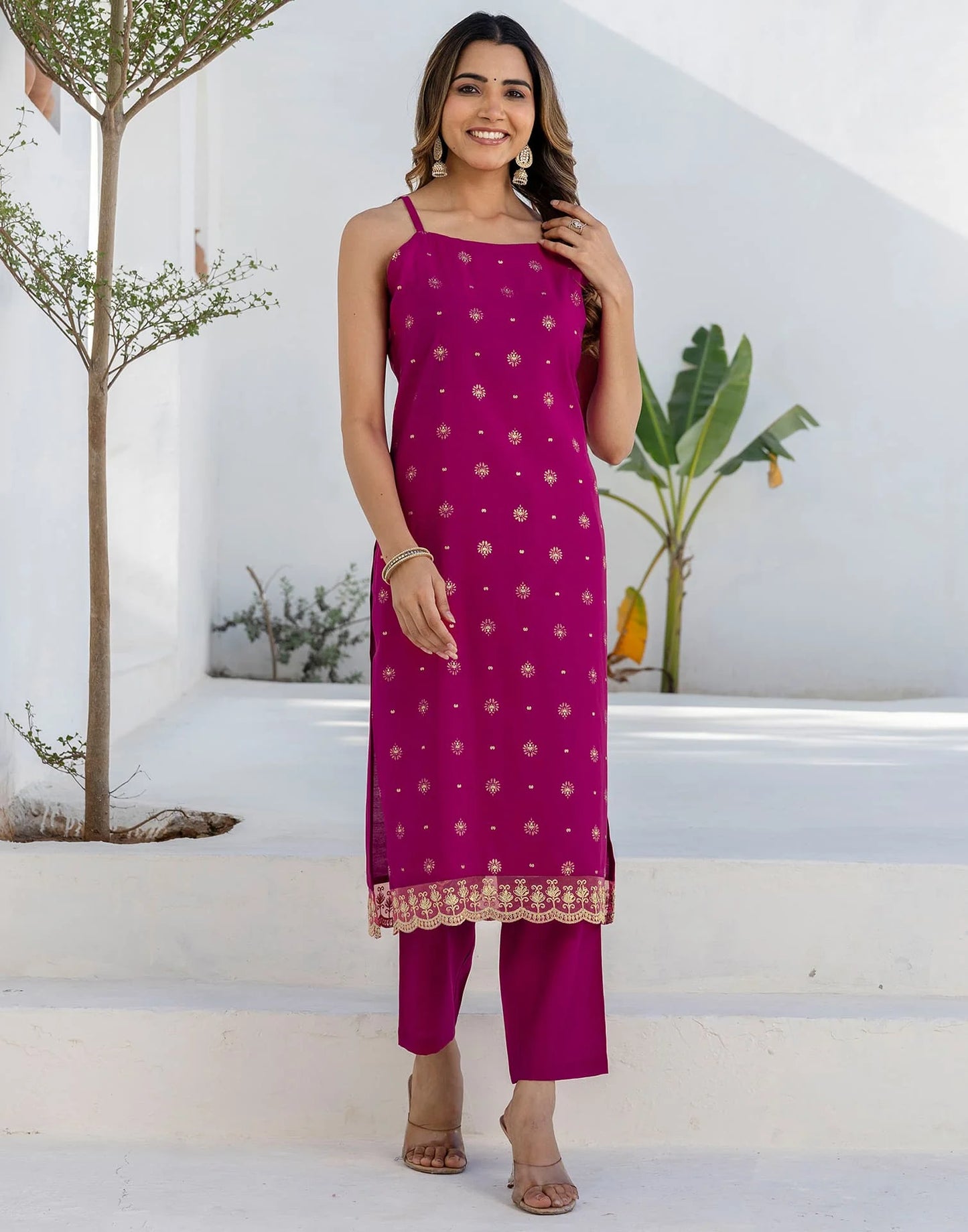 Affordable Ethnic Wear Pink Silk Blend Foil Printed Kurta Set with Embroidery Lace, Pant & Dupatta