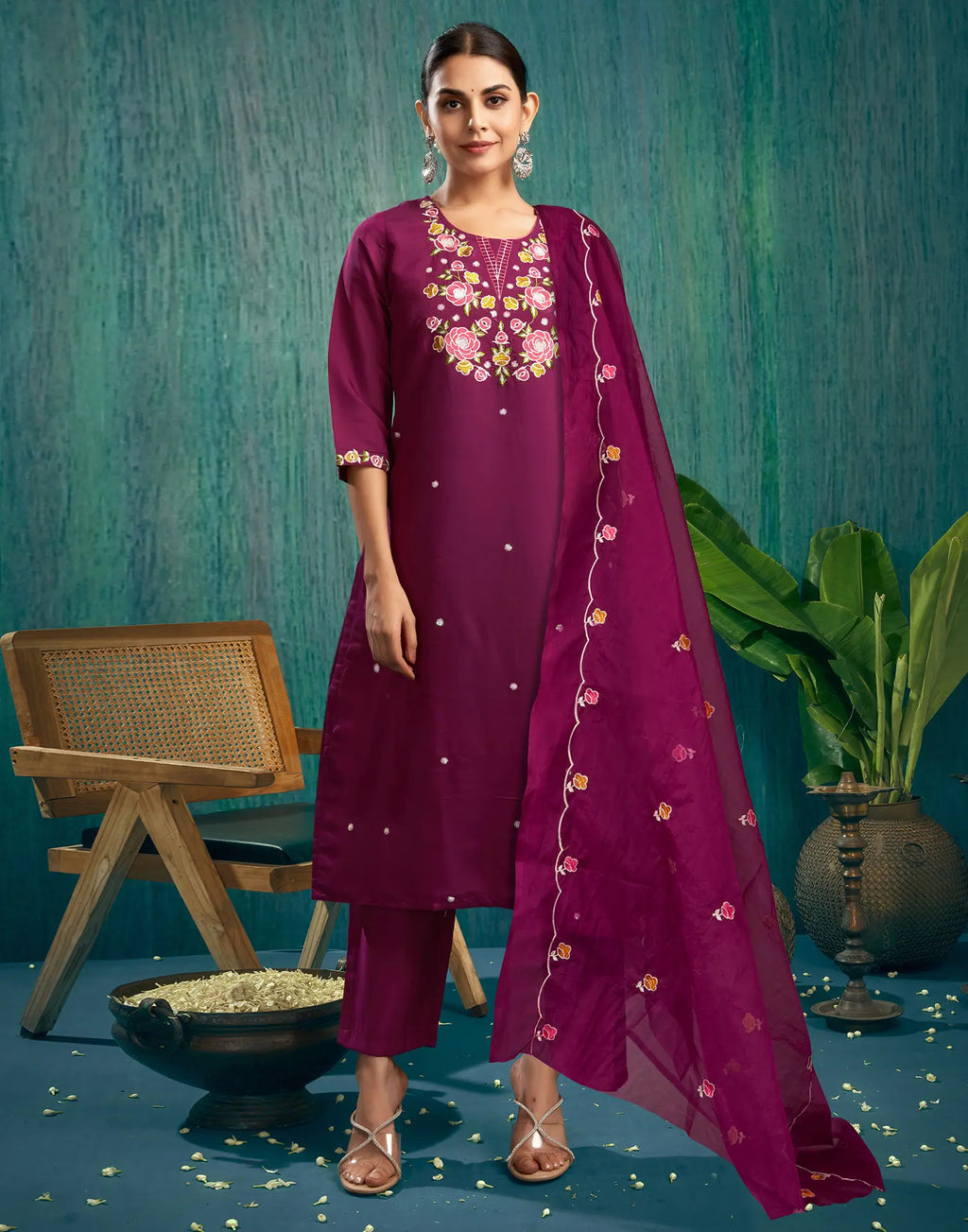 Silk Embroidered Straight 3 Piece Kurta Set