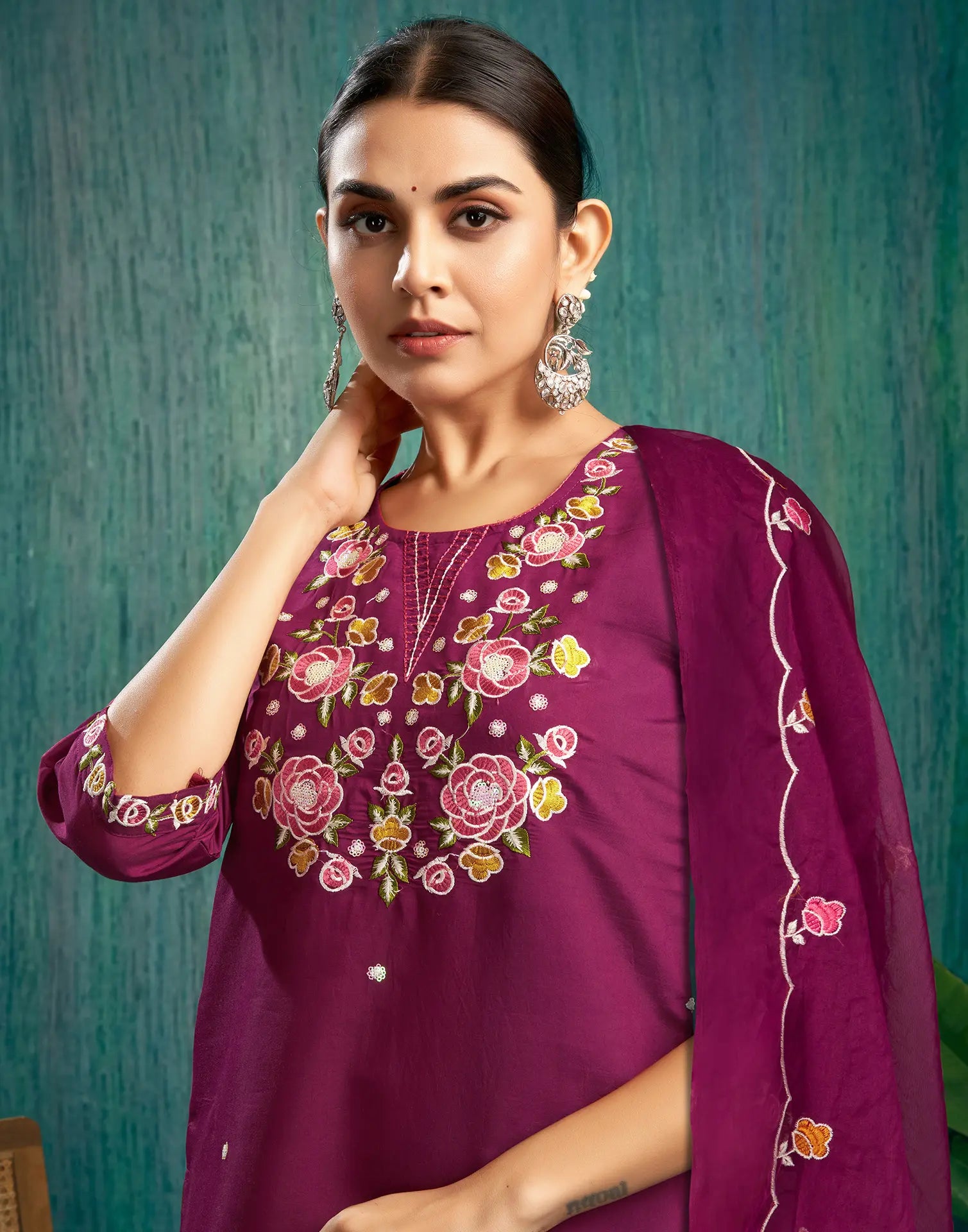 Silk Embroidered Straight 3 Piece Kurta Set