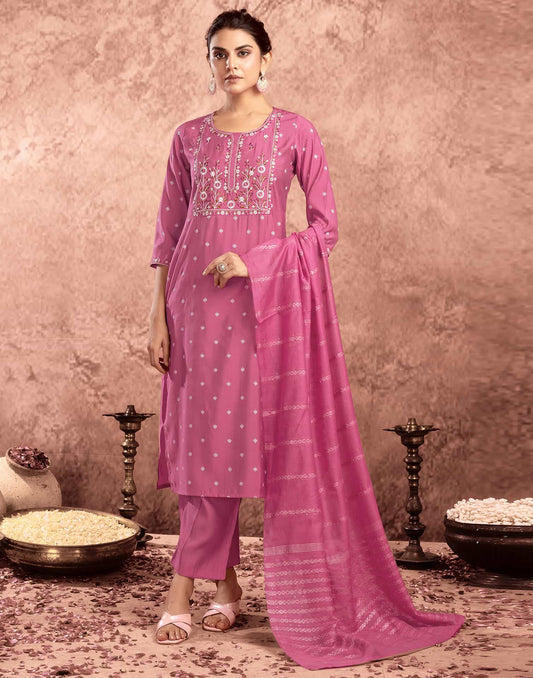 Silk Blend Embroidered Straight Kurta with Pant & Dupatta