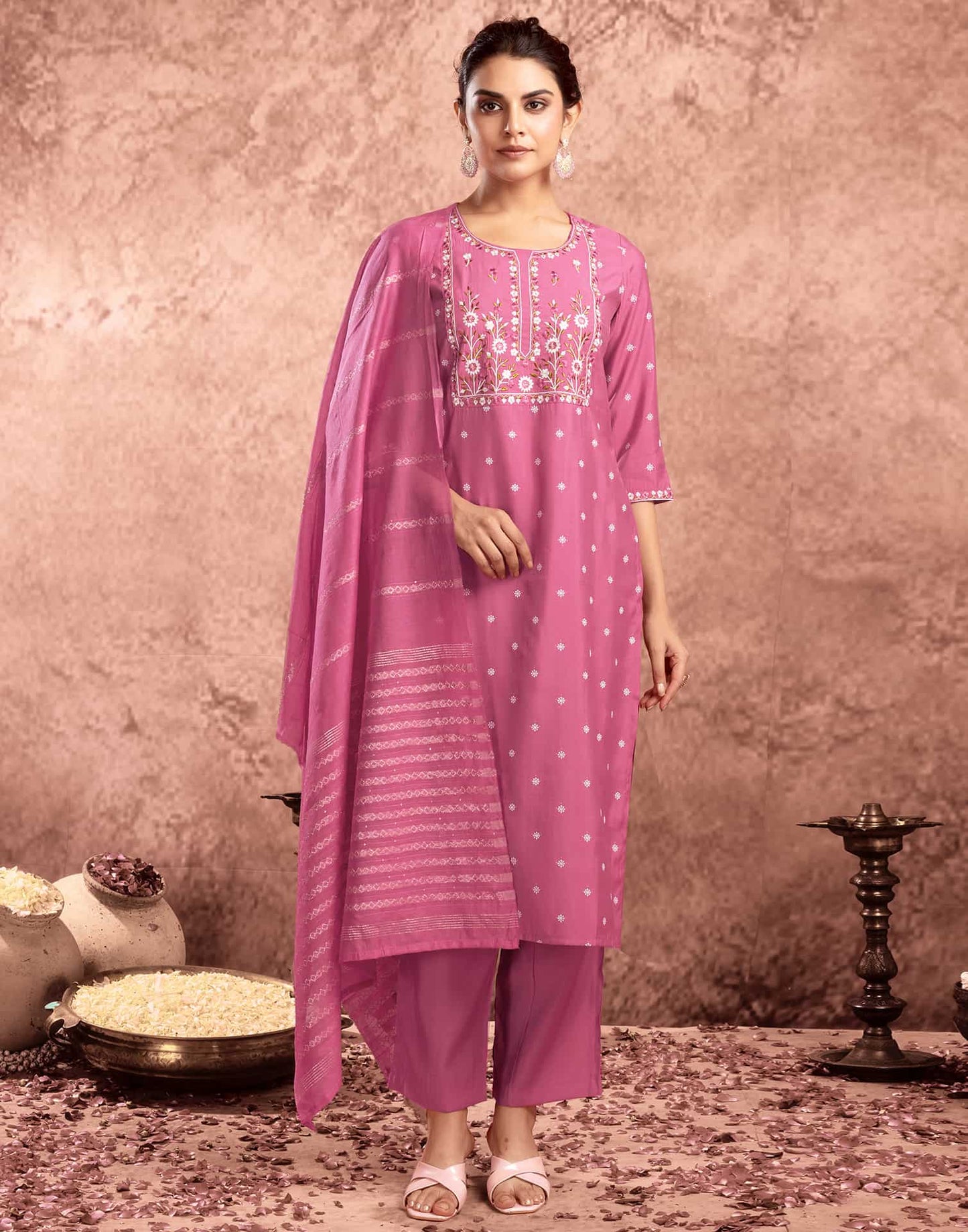 Silk Blend Embroidered Straight Kurta with Pant & Dupatta