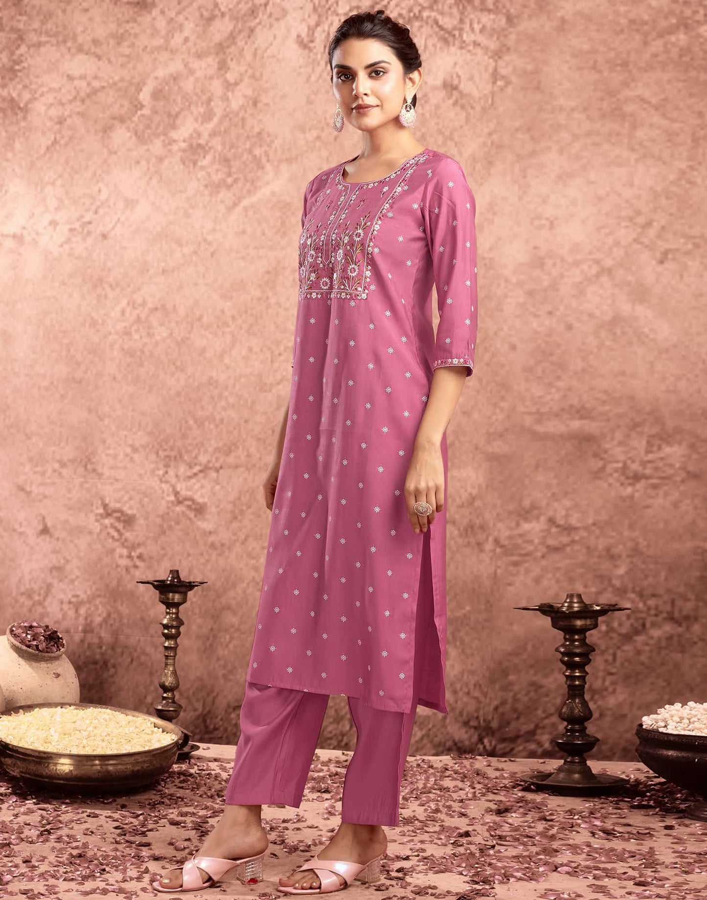 Silk Blend Embroidered Straight Kurta with Pant & Dupatta