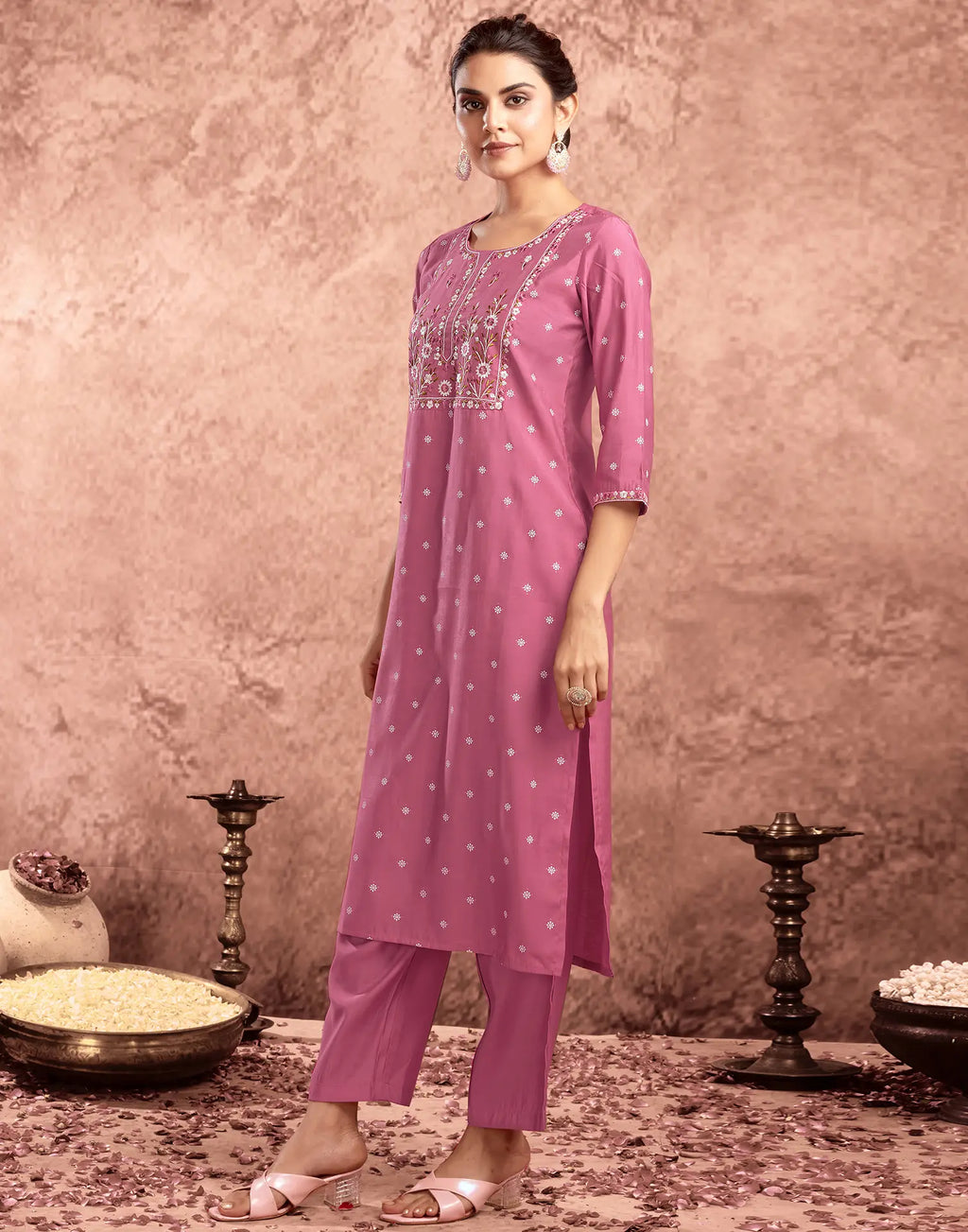 Silk Blend Embroidered Straight 3 Piece Kurta Set
