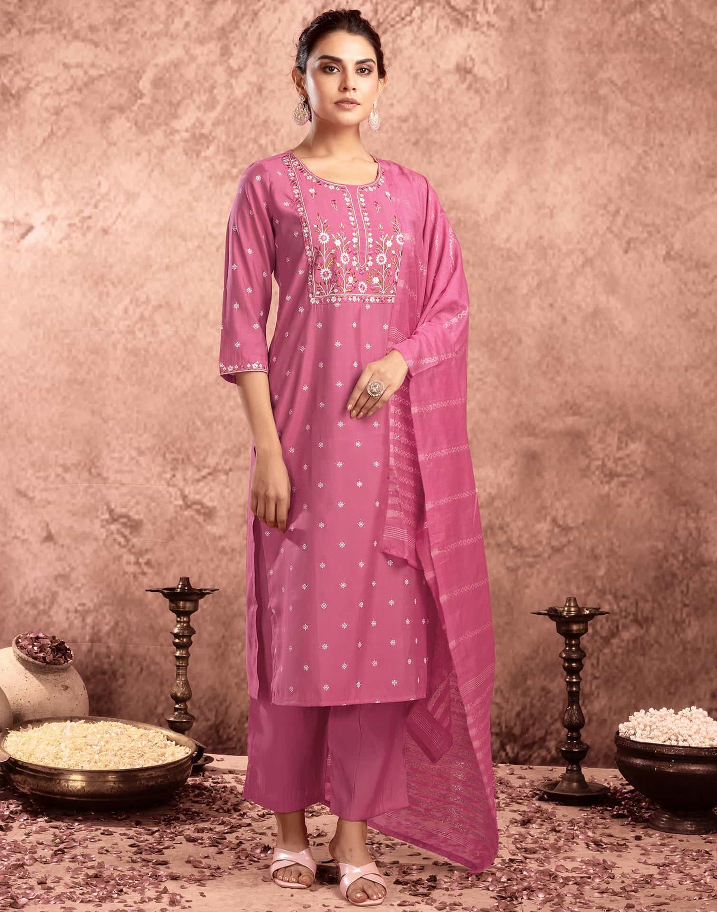 Silk Blend Embroidered Straight Kurta with Pant & Dupatta