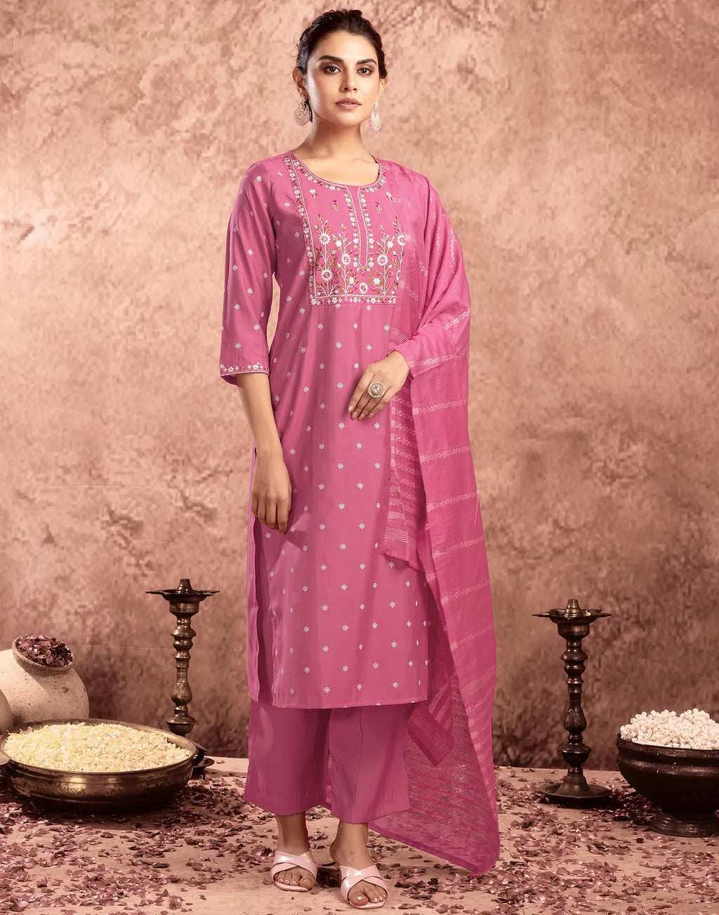 Silk Blend Embroidered Straight 3 Piece Kurta Set