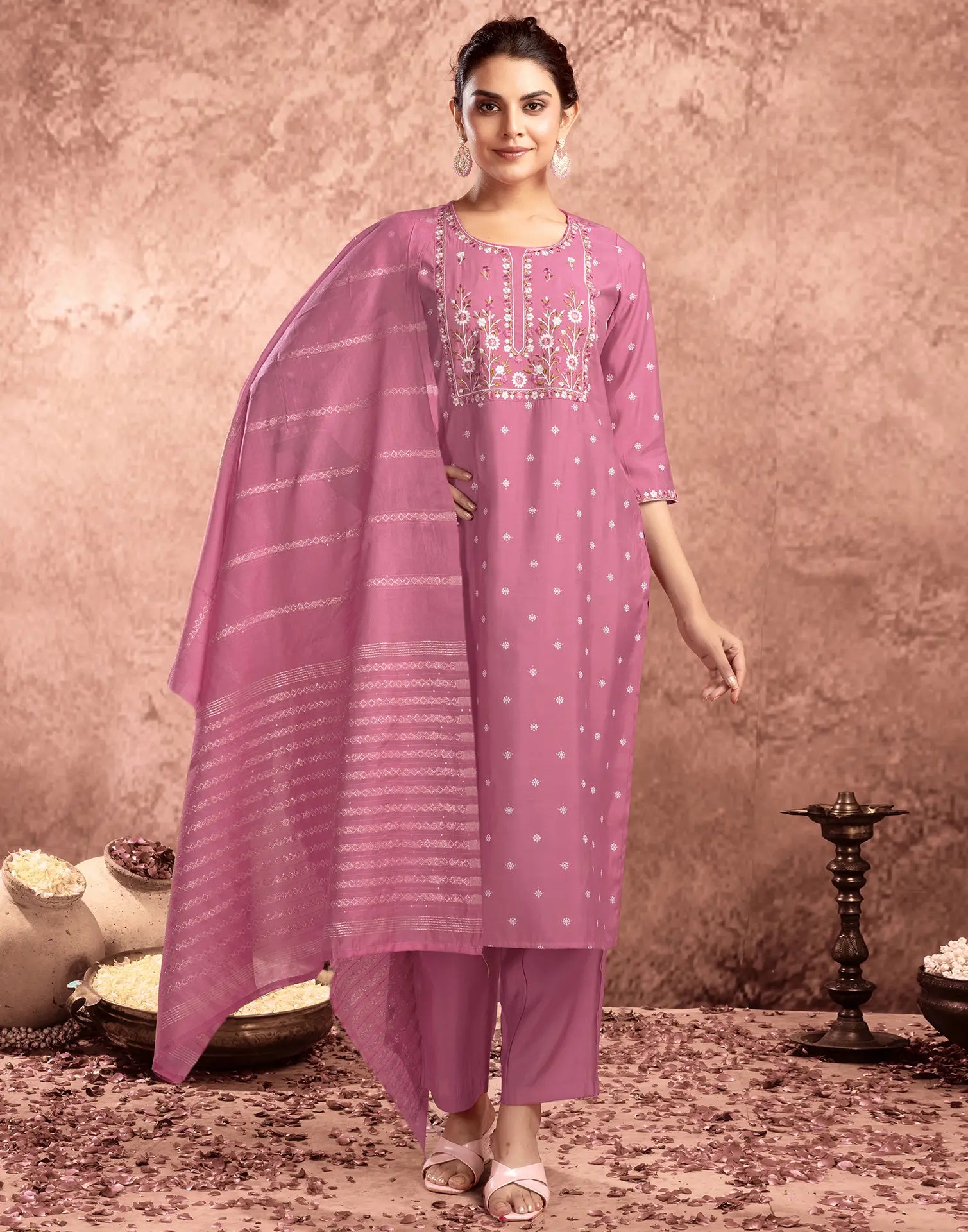 Silk Blend Embroidered Straight 3 Piece Kurta Set