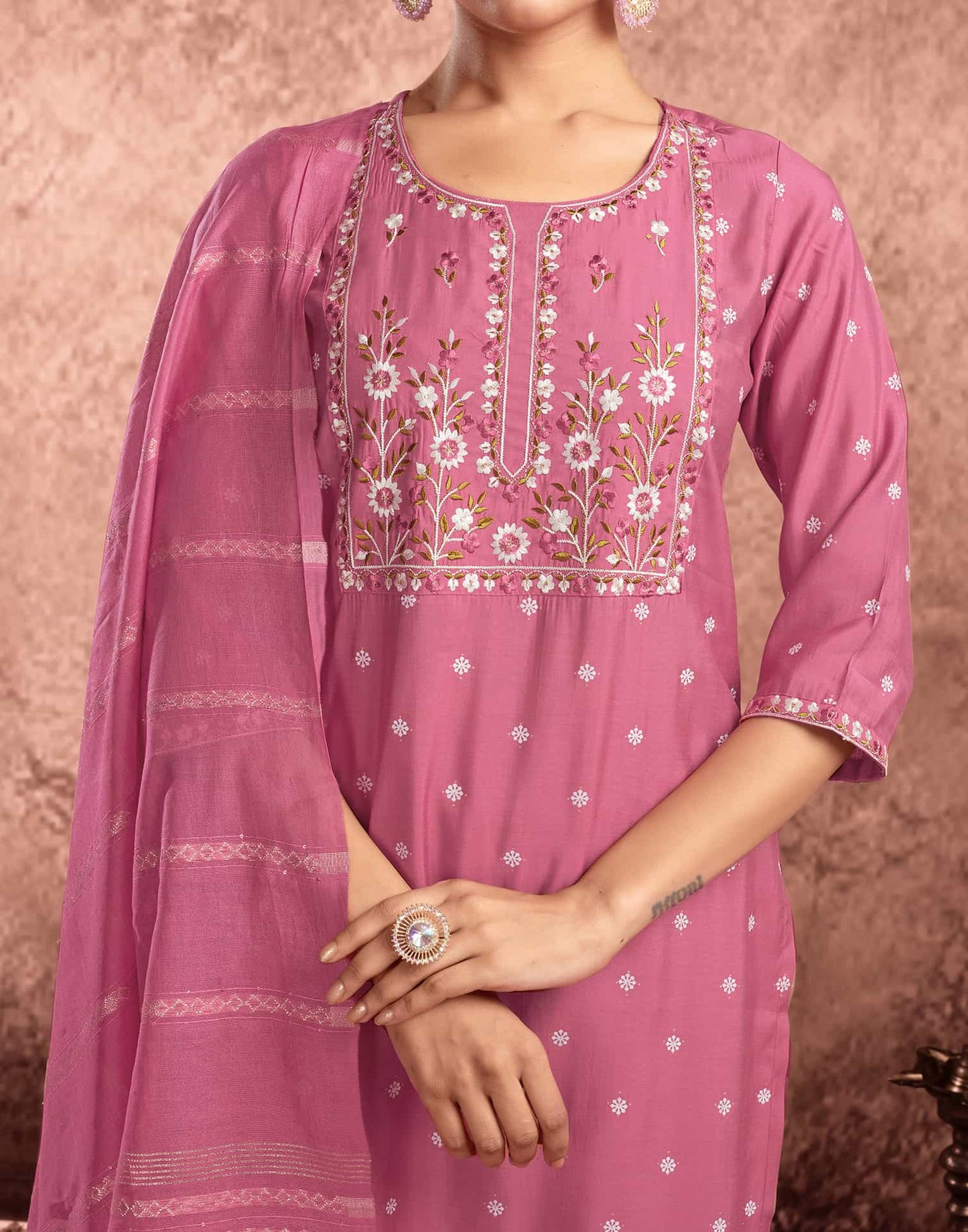 Silk Blend Embroidered Straight Kurta with Pant & Dupatta