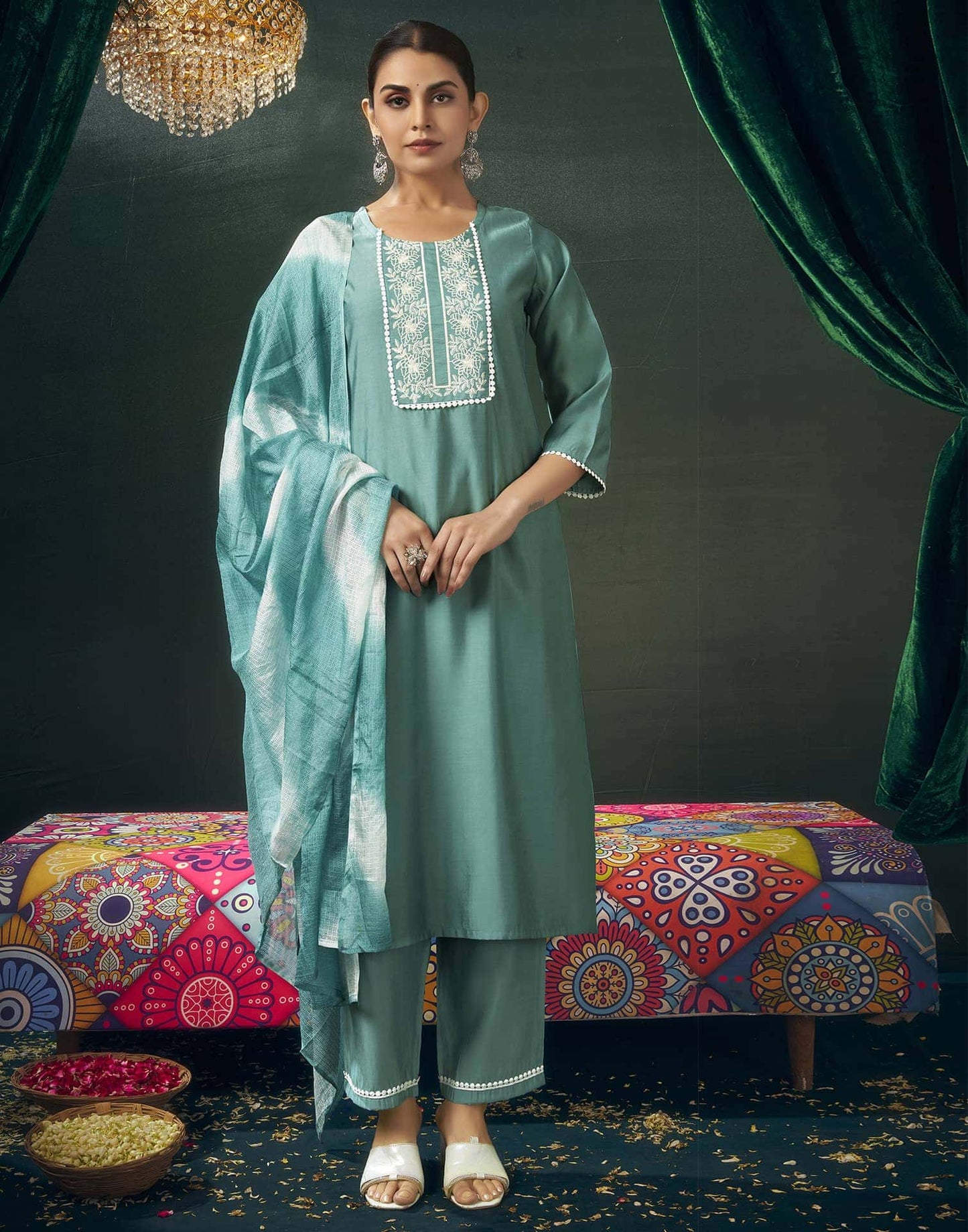Rayon Blend Embroidered Straight Kurta with Pant & Dupatta